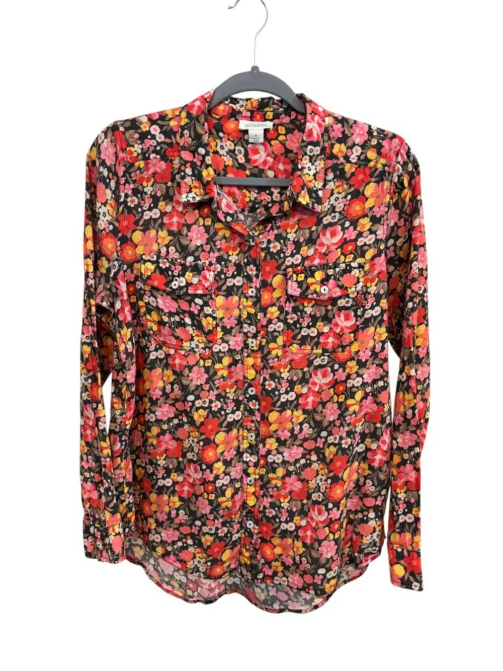 Sundance 100% Cotton Pink Floral Long Sleeve Button Front Blouse